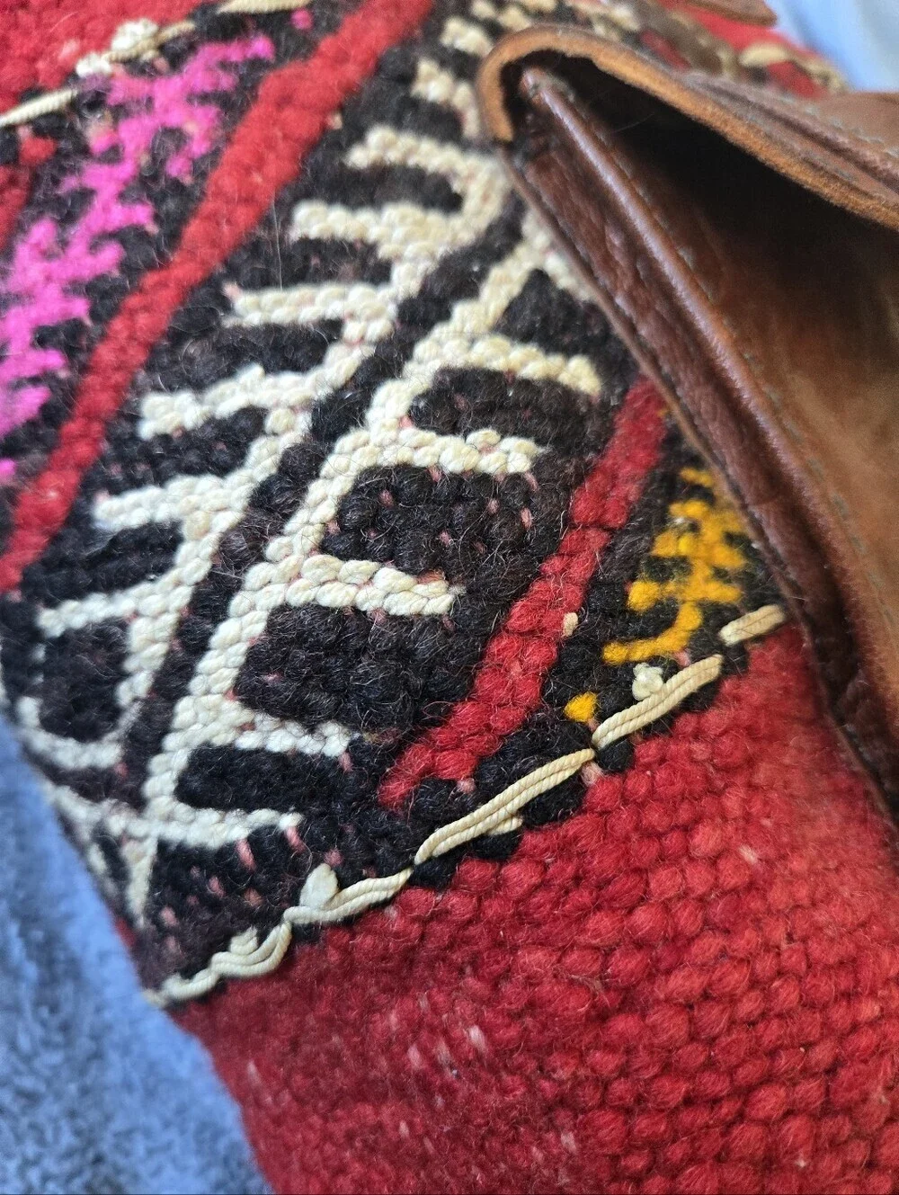 Handmade Moroccan Kilim Leather Backpack Red Southwestern Tribal Boho Rucksack - Picture 8 of 15